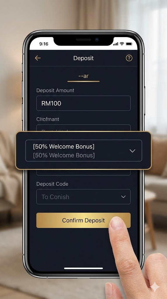 Smartphone screen showing the iBET deposit page selecting the 50% Welcome Bonus option.