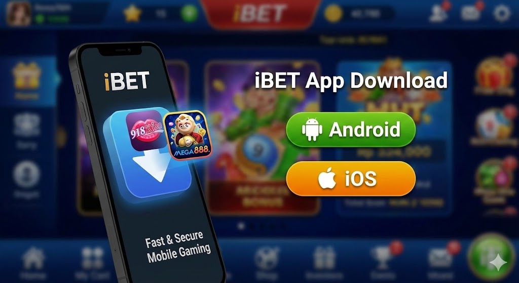 Smartphone screen showing iBET App download page for Android and iOS with 918Kiss and Mega888 icons
