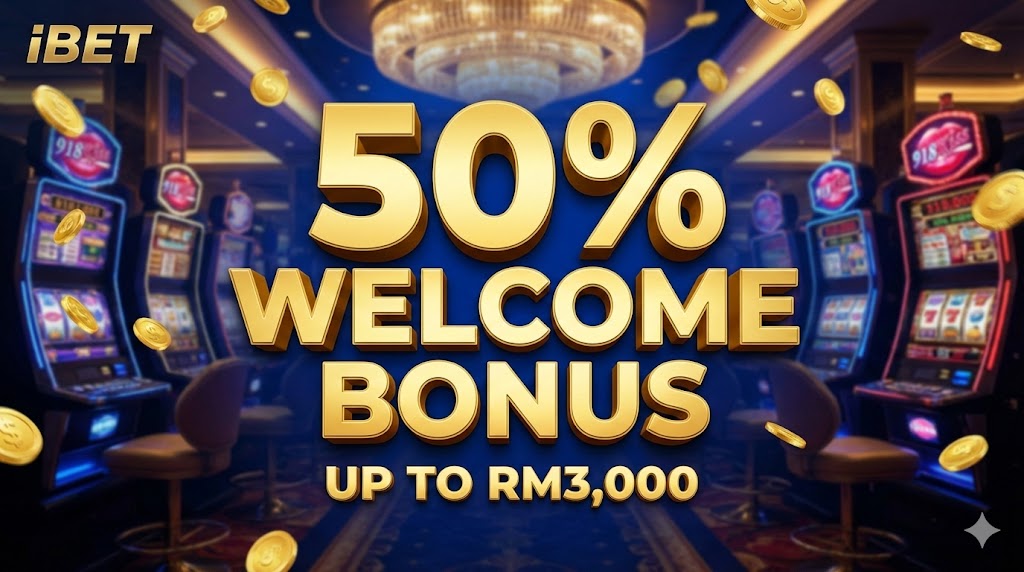 Official iBET Malaysia 50% slot games welcome bonus promotion cover image, up to RM3,000 value.
