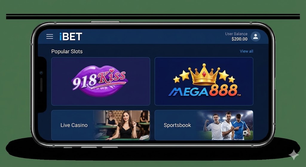 iBET mobile app lobby interface displaying integrated 918Kiss and Mega888 slot game icons