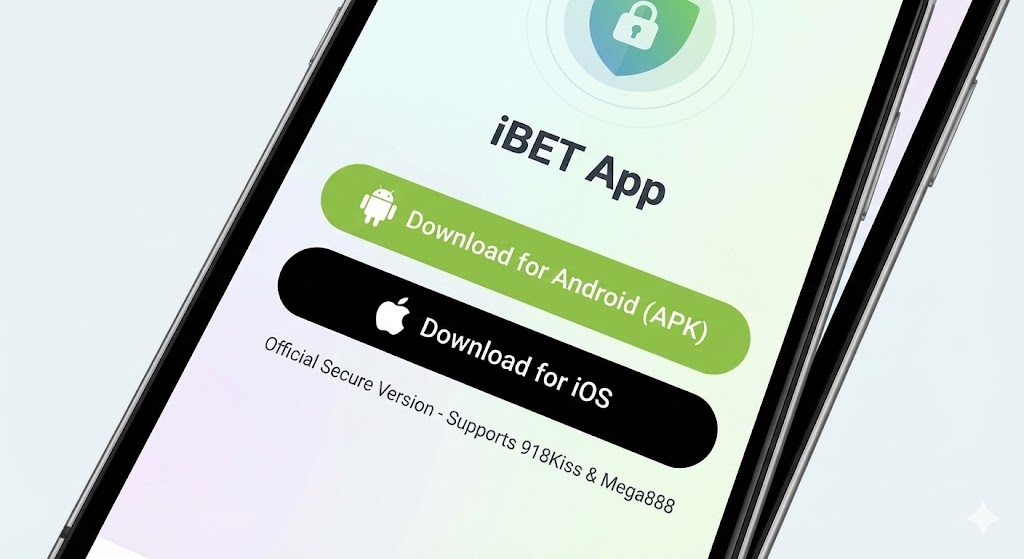 Mobile phone screen showing download buttons for iBET App Android APK and iOS version