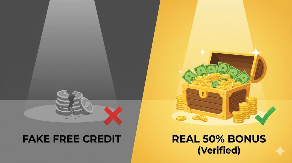 Comparison infographic showing fake free credit versus real verified 50% casino bonus.