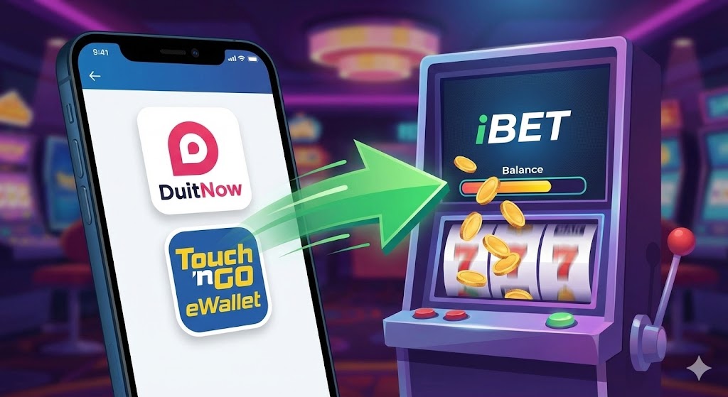 Mobile phone showing DuitNow and Touch 'n Go eWallet apps depositing funds into iBET slot machine