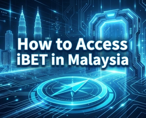 Graphic with the title "How to Access iBET in Malaysia" and a navigation compass icon.